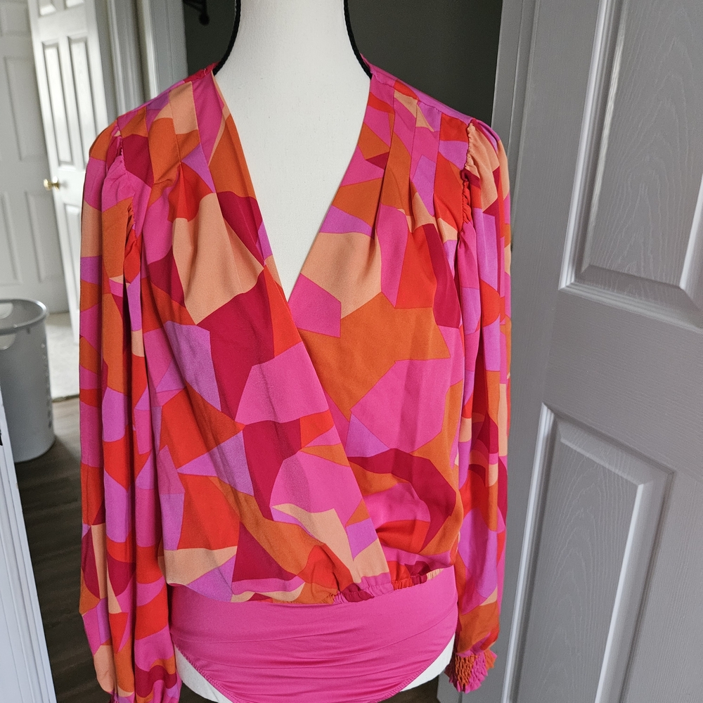 Pink Lily Pink & Orange Geometric Wrap-Style Blouse